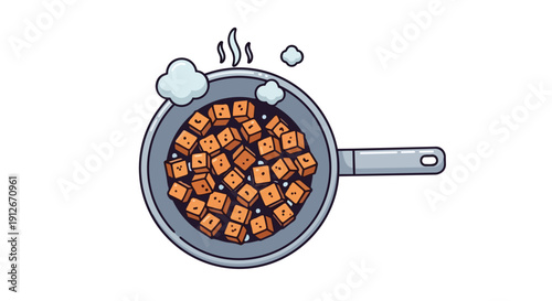 A vibrant cartoon illustration captures the essence of home cooking, showcasing delicious diced ingredients gently sizzling in a warm inviting pan