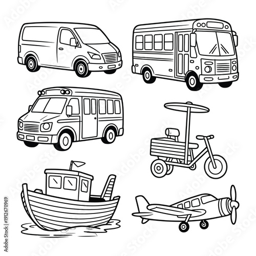 Transportation Collection: A curated collection of diverse transportation, carefully outlined in a crisp black and white, invites the imagination to take flight on roads, waters, and skies.
