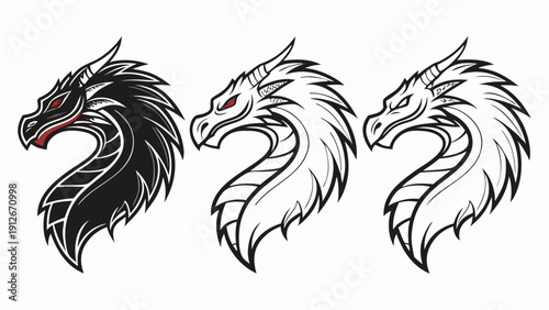 Three dragon heads presented in varying color schemes a striking graphic silhouette high quality professional detailed