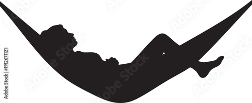 Person lying down in a hanging hammock silhouette isolated on white background minimalist relaxation and outdoor leisure illustration