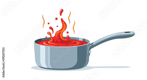 Vibrant red sauce bubbling vigorously in a sleek metal saucepan creating an energetic splash, illustrating a dynamic cooking process with visible