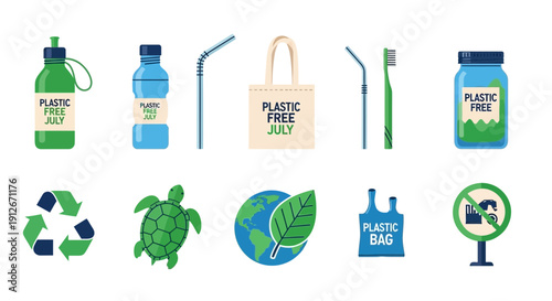Illustration set featuring reusable items and environmental symbols for Plastic Free July