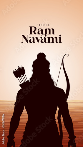 Shree Ram Navami Greeting, God Ram Background Design. A Hindu festival celebrated of lord ram birthday. Happy Ram Navami Vector  Background Design with Lord Rama silhouette.