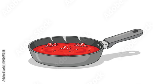 A vibrant red sauce actively bubbles and gently simmers within a sleek gray frying pan, with subtle steam rising, portraying an engaging culinary