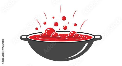 Dynamic crimson liquid simmers in a sleek dark cooking vessel, generating energetic effervescence and upward vapor streaks, illustrating culinary