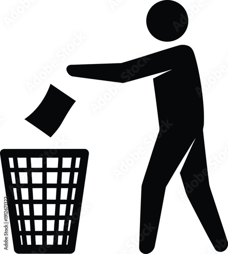 Black and white pictogram of a person throwing litter into a waste basket for disposal.