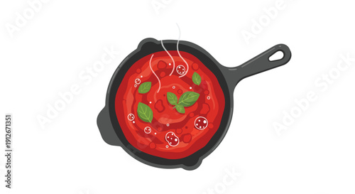 A delicious cast iron skillet bubbles with homemade tomato sauce, fresh basil leaves floating gracefully, steam rising, evoking culinary comfort and