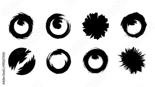 abstract black brush stroke shapes and enso circles vector isolated for modern graphic design creative textures and branding.