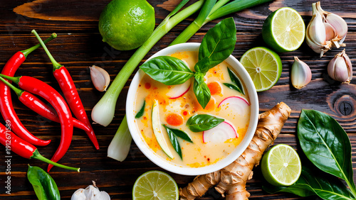 Wallpaper Mural Flat Lay Tom Yum Soup Ingredients Chili Lime Lemongrass Cooking. Torontodigital.ca