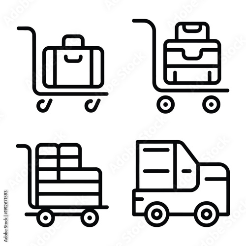 Essential Luggage Transportation: Streamlined black and white illustration of luggage on various transportation carts, showcasing efficient travel solutions.