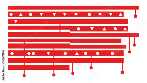 abstract data visualization with red bars geometric shapes and lines representing information flow for technology and business analytics.