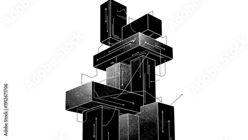 abstract digital architecture with interconnected blocks and lines illustrating data networks modern technology and artificial intelligence.