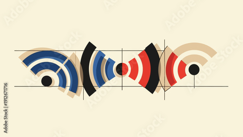 abstract digital communication network visualization with blue and red wireless signals interacting on a grid symbolizing data flow.