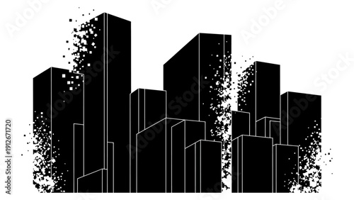abstract digital cityscape illustration of black buildings pixelating into fragmented data representing modern urban development technological transformation and future concepts.