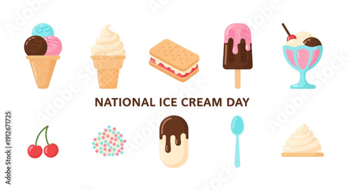Various cartoon ice cream treats arranged above and below NATIONAL ICE CREAM DAY