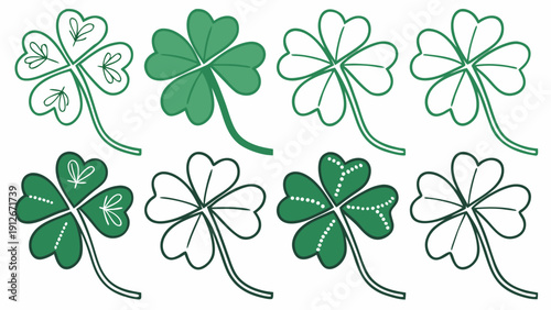 A collection of green and white four leaf clover illustrations in a flat style silhouette