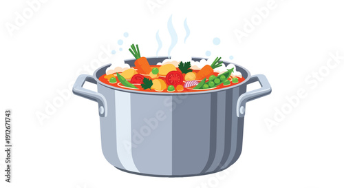 A vibrant illustration depicting a large cooking pot brimming with fresh, colorful garden vegetables simmering, emitting gentle steam, symbolizing