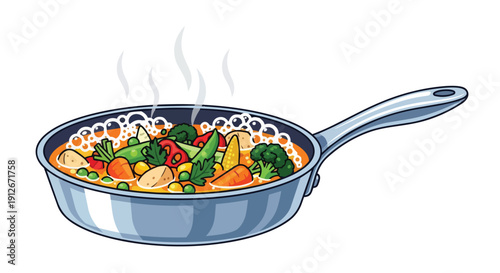 Colorful cartoon depiction of various fresh vegetables gently simmering in a hot pan, steam rising above the nutritious bubbling stew, ideal for