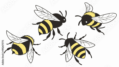 Four bees with yellow stripes fly in formation a striking graphic silhouette high quality professional detailed