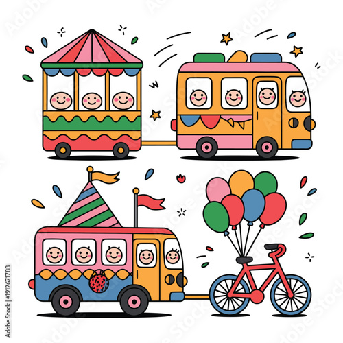 Joyful Ride: A whimsical illustration of a colorful convoy of vehicles and a bicycle, all carrying cheerful passengers, creating a playful and inviting scene. 