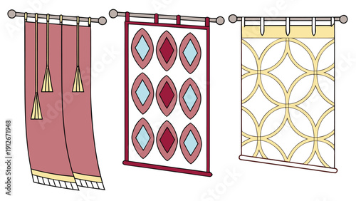 Detailed illustrations of vintage curtains with ornate designs and distinct color palettes silhouette high quality professional