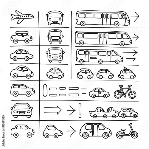 Transportation Illustration: A whimsical illustration showcases a variety of transport vehicles, presented in a clean, hand-drawn style, suitable for educational or playful content.