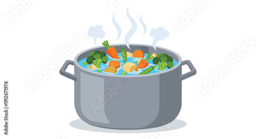 Vibrant garden vegetables boiling in a large pot, releasing steam. A healthy and fresh medley of broccoli, carrots, and peas cooking for a wholesome