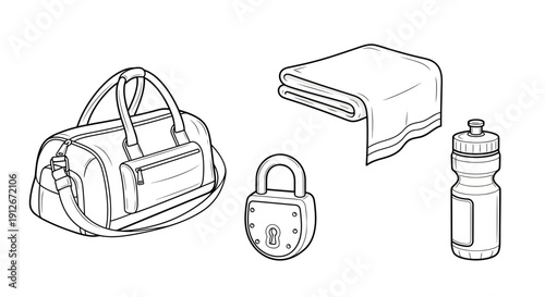 Gym Bag, Towel, Lock, Water Bottle: Fitness and Workout Essentials Line Art