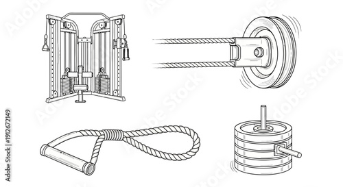 Gym Cable Machine, Rope Handle, Weight Stack, and Pulley System