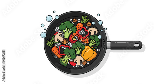 Colorful medley of fresh garden vegetables, including broccoli, carrots, mushrooms, and bell peppers, gently cooking in a hot skillet, symbolizing