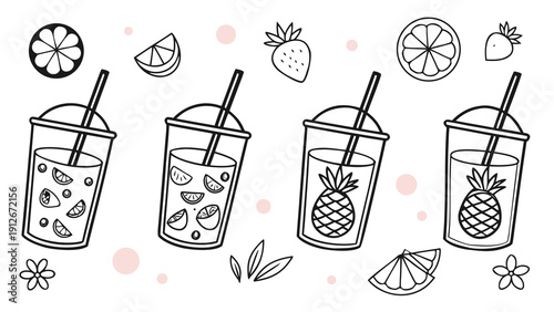 Line art illustration of fruit infused drinks citrus slices and floral elements silhouette high quality professional