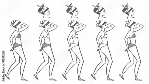 Five repeating figures of a woman in a swimsuit shown in a progressive pose silhouette
