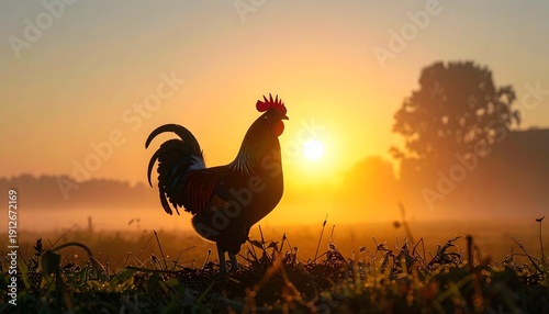 Silueta de gallo al amanecer en campo rural con cielo dorado