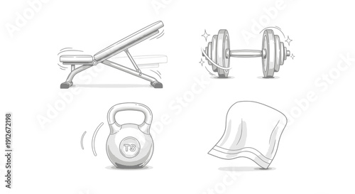 Gym Equipment and Accessories: Dumbbell, Kettlebell, Bench, Towel - Fitness Icons