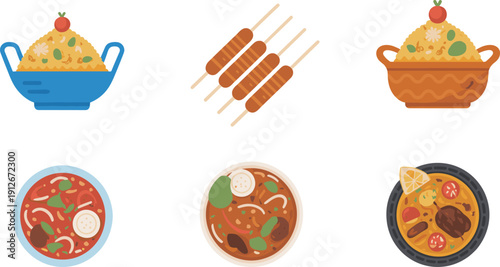 Vector illustration of assorted food dishes, rice bowls, skewered meat, soup and curry artwork, colorful cuisine design, traditional meal artwork graphic