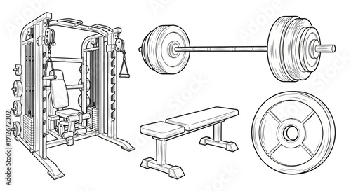 Gym Equipment Set: Weightlifting Bench, Barbell, Weight Plates, and Multi-Gym Machine