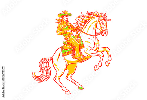 Cowboy riding horse vector artwork for t-shirt. Wild West adventure graphic design. Rearing horse vintage illustration. Rodeo western poster and appar