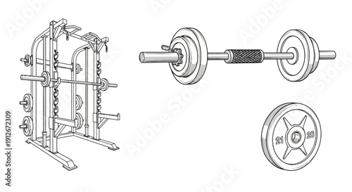 Gym Equipment: Smith Machine, Barbell, Weight Plates - Fitness Workout Gear