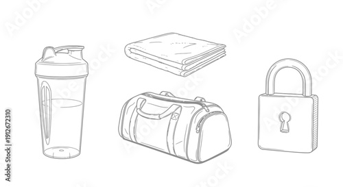 Gym Essentials: Shaker Bottle, Duffel Bag, Towel, and Lock - Fitness Gear Collection