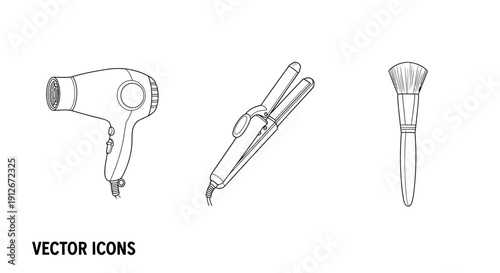 Hair Dryer, Straightener, Makeup Brush - Vector Icons for Beauty and Styling