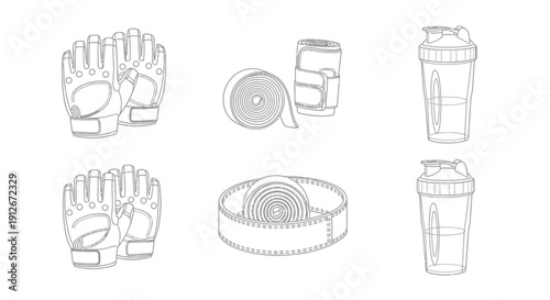 Gym Workout Gear: Gloves, Wraps, and Shaker Bottles - Fitness Essentials Line Art