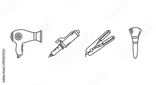 Hair Styling Tools Icons: Hair Dryer, Curling Iron, Straightener, Makeup Brush
