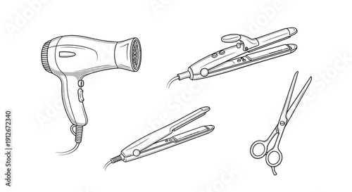 Hairdressing Tools: Hair Dryer, Straightener, Curling Iron, Scissors - Line Art