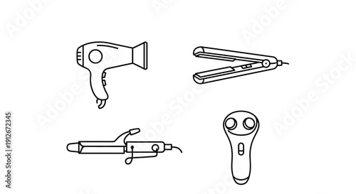 Hair Styling Tools Icons: Hair Dryer, Straightener, Curler, and Facial Cleanser