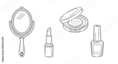 Hand Drawn Makeup Collection: Mirror, Lipstick, Powder Compact, Nail Polish