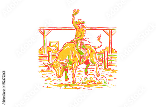 Bull riding sport vector artwork for apparel. Rodeo artwork for t-shirt design and poster. Western graphic print design. Cowboy riding a bucking bull
