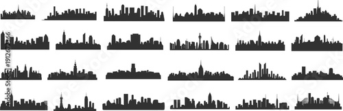 Vector illustration of multiple city skylines, black silhouette urban architecture, diverse landmark designs, global metropolitan skyline artwork, cultural cityscape graphic illustration
