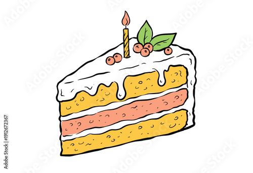 Slice of birthday cake illustration. Hand drawn pastry dessert graphic. Celebration sweet food artwork. Cake with candle sketch for apparel. Happy bir