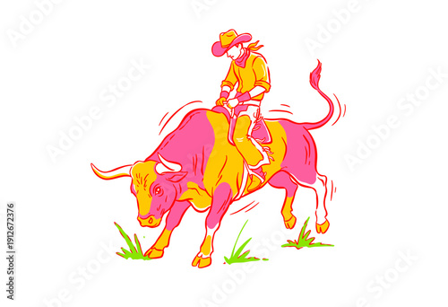 Rodeo bull riding vintage artwork. Cowboy on bucking bull design. Extreme western sport graphic. Texas wild ride challenge. Bullrider artwork for t sh