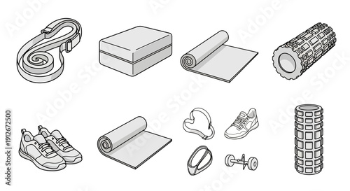 Fitness Equipment and Accessories Collection - Yoga Mat, Dumbbells, Roller, Shoes